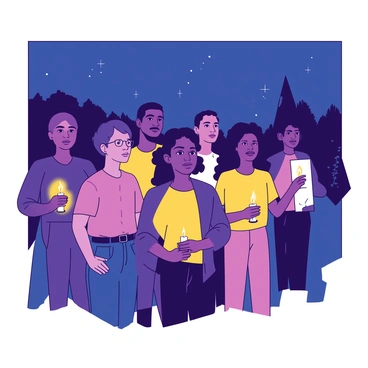 A group of diverse individuals stands together in a dimly lit setting during a night vigil. Each person holds a lit candle, casting a warm yellow glow around them. The faces of the individuals reflect a range of emotions, from solemnity to hope. In the background, there are faint outlines of trees, and the night sky is dotted with stars. The flickering candle flames create a serene atmosphere as the group stands united, honoring the memory of martyrs.
