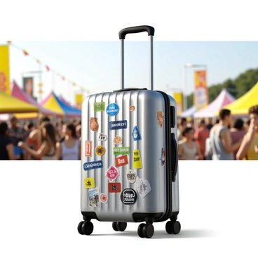 A Rimowa suitcase with a shiny aluminum surface, featuring a variety of colorful stickers applied all over its exterior. The suitcase has a sleek, modern design with a telescopic handle and four smooth-rolling wheels. In the background, a lively summer festival scene is visible, with vibrant tents, banners fluttering in the breeze, and crowds of people enjoying the festivities. Bright sunlight illuminates the entire scene, creating a cheerful and energetic atmosphere.