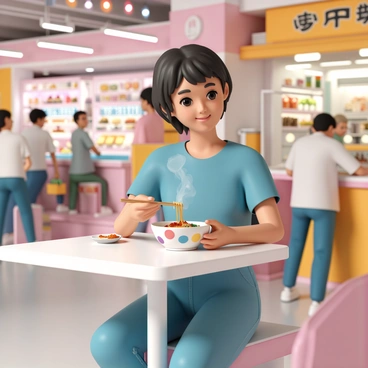 A young woman, Nobara, is seated at a small table in a bustling food court within a shopping mall. She has short black hair styled in a bob and is wearing a casual blue t-shirt paired with denim jeans. In front of her is a colorful bowl of ramen, steam rising from the noodles. She holds chopsticks, poised to take a bite, with a smile on her face. Around her, the food court is lively, with people chatting, and various food stalls in the background displaying a variety of cuisines. The atmosphere is vibrant, illuminated by bright overhead lights and decorated with colorful banners.