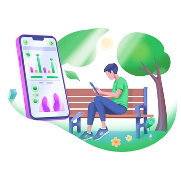 A person sitting on a park bench, focused on their smartphone. The smartphone displays an app interface with graphs and icons related to foot health. The person is wearing comfortable athletic shoes and casual clothing. Surrounding the park bench are lush green trees and colorful flowers, creating a vibrant outdoor environment. Sunlight filters through the leaves, casting a soft glow on the scene.