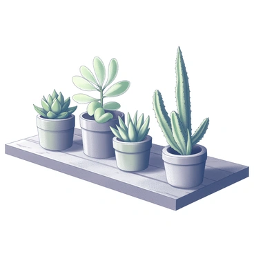 A wooden shelf displaying a variety of succulents in different shapes and sizes. The arrangement includes rosette-shaped succulents, tall and spiky varieties, and trailing types, all positioned in small, rustic pots. Each succulent exhibits unique textures, with some having smooth leaves and others featuring rough surfaces. The shelf has visible wood grain, adding to its natural appearance. The overall composition showcases an abundance of green hues, with the different forms of the succulents creating visual interest.