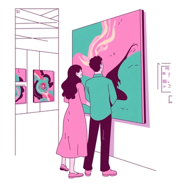 A couple is standing in front of a large, colorful painting at an art gallery. The man is wearing a teal shirt and has short brown hair, while the woman is dressed in a flowing pink dress with long hair cascading down her shoulders. They are both engaged in conversation, leaning slightly toward each other. The painting behind them features abstract shapes and swirls in various vibrant colors, drawing their attention. The gallery setting includes white walls adorned with more artwork, and soft lighting illuminates the space, enhancing the couple's expressions as they share their thoughts.