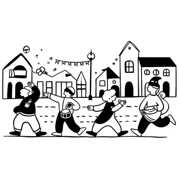 A variety of animals marching in a line through a town square, each adorned with tiny costumes. A dog is dressed as a pirate, complete with a small hat and an eye patch. A cat wears a superhero cape, leaping playfully beside a rabbit dressed as a wizard, complete with a pointed hat and a wand. A squirrel carries a miniature drum, leading the procession. The town square features cobblestone pavement, historical buildings in the background, and festive banners hanging from lampposts.