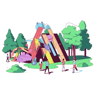 A large art installation in a public park is made entirely from recycled materials. The installation features various geometric shapes created from old metal pieces, plastic bottles, and wooden planks. Brightly colored scraps of fabric are draped over some sections, adding texture. Surrounding the installation, there are green grass patches and a few trees providing shade. People are walking by, stopping to admire the creativity and effort involved in the piece. Sunlight illuminates the installation, casting interesting shadows on the ground.