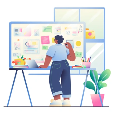 A bright and colorful home office features a large whiteboard filled with colorful notes and drawings. An entrepreneur with short curly hair and glasses stands in front of the whiteboard, holding a marker and deep in thought. She is wearing a light blue blouse and dark jeans. The room is decorated with vibrant wall art and has a large window allowing natural light to flood in, illuminating the space. On the desk, there is a laptop, a stack of notebooks, and several colorful pens scattered around. A potted plant sits in the corner of the room, adding a touch of greenery.