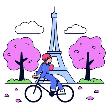 A cyclist wearing a bright red helmet and a blue jersey is riding a black bicycle. The cyclist is positioned in front of the Eiffel Tower, which is prominently visible in the background. The scene is filled with blossoming cherry trees, their pink flowers creating a vibrant contrast with the green leaves. The ground is dotted with pink petals that have fallen from the trees. The sky is clear with a few fluffy white clouds.