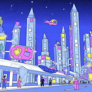 A magic card showing a futuristic cityscape illuminated by neon lights