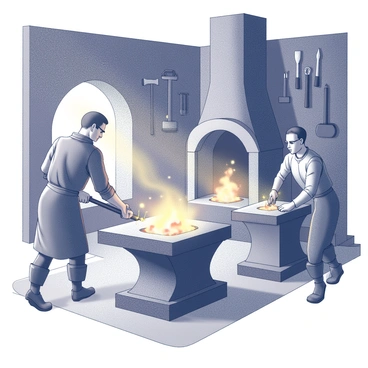 A medieval forge bustling with activity. In the center, a large anvil is positioned, with a metalworker striking a glowing piece of metal with a hammer. Sparks fly from the metal as it is shaped. Nearby, another metalworker is focused on a separate anvil, carefully crafting a different piece. The forge is filled with various tools hanging on the walls, including hammers, tongs, and other equipment. Glowing embers can be seen in the forge's furnace, casting light across the scene. The air is filled with the sound of clanging metal and the heat of the flames.