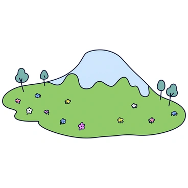 A landscape featuring a hill shaped like a nose that rises prominently above the ground. The hill has a smooth, rounded contour with a gentle slope. Below the hill, there is a valley filled with green grass and scattered wildflowers in various colors. The valley is expansive, with a few small trees dotting the landscape. The sky above is clear, providing a bright backdrop to the scene.