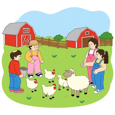 A bright sunny farm scene with green grass and blue skies. A group of four children, two boys and two girls, are actively engaged in farm activities. One boy with dark hair is feeding a flock of fluffy chickens scattered around, while the other boy, wearing a straw hat, is gently petting a friendly, white sheep that is standing calmly. One girl with braided pigtails is holding a small bucket of feed, and the other girl, wearing pink overalls, is crouching down to interact with the sheep. In the background, a red barn is visible, along with patches of colorful flowers. The atmosphere is lively and cheerful, highlighting the children's joyful engagement with the animals.