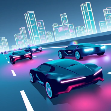A high-speed chase on a futuristic highway with sleek, aerodynamic cars racing at breakneck speeds. In the foreground, a glossy black sports car is shown, weaving in and out of traffic as it accelerates. Behind it, several police cars with bright LED lights flashing are in pursuit, their sirens blaring. The highway is lined with towering neon-lit skyscrapers and digital billboards flashing advertisements. The sky is a gradient of deep blue with hints of purple, suggesting twilight, casting a dramatic ambiance over the scene. The asphalt is reflective, capturing the lights from the cars and the surrounding environment, enhancing the sense of speed and urgency.