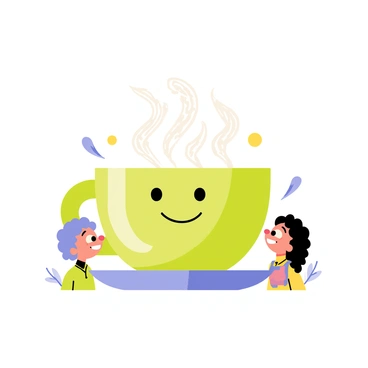 A cartoon teacup with a pastel green color and a smiling face is placed on a saucer. Steam rises from the teacup, forming intricate henna designs that swirl and twist in the air above. Around the teacup, there are two cartoon characters engaged in a cheerful conversation, one with curly hair and the other with straight hair, both smiling warmly. The background includes subtle elements like small flowers and leaves to enhance the lively setting.
