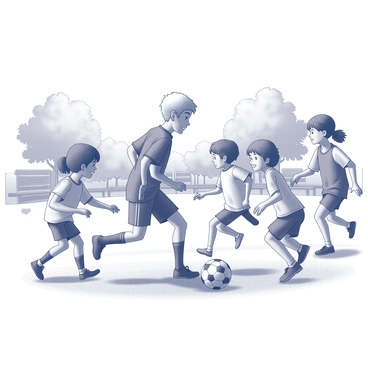 A soccer player with short, light-colored hair is engaged in a game with several children in a community park. The player is wearing a jersey and shorts, demonstrating skill as he dribbles the ball. The children, diverse in age and appearance, are enthusiastically running around him, attempting to steal the ball or position themselves for a pass. The park is filled with green grass, trees, and a few park benches in the background, indicating a lively outdoor setting. The scene captures the energy and excitement of a friendly soccer match.