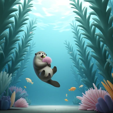 A mysterious underwater kelp forest with sea otters and schools of fish
