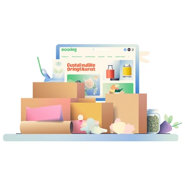 A collection of eco-friendly packaging materials is displayed on a light wooden table. There are several cardboard boxes in various sizes, all made from recycled materials. A roll of brown kraft paper is unrolled beside the boxes, showcasing its texture. Scattered around are small glass jars filled with organic herbs, and fabric pouches made from natural fibers. In the background, a digital store interface is visible on a tablet screen, promoting sustainable products with vibrant images of reusable items and eco-friendly household goods. The screen displays the text "Sustainable Living" in bold typography.