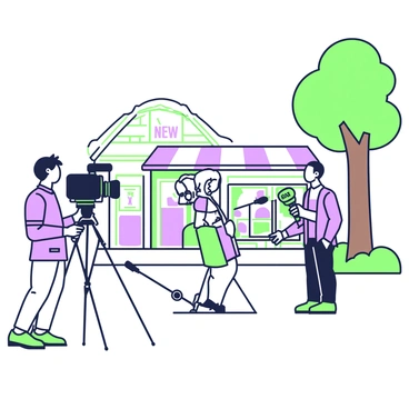 A TV crew is filming a local news story in a small town square. In the center of the scene, there is a news anchor standing in front of a camera, holding a microphone labeled with a logo. The anchor is wearing a professional outfit, including a jacket and dress shirt. To the left, a cameraman is operating a tripod-mounted camera, focused on the anchor. A sound technician is adjusting equipment nearby, holding a boom microphone. In the background, there are small shops with colorful signs and a few townspeople watching the filming. A tree with a thick trunk is positioned on one side of the square, providing some shade. The scene is lively, capturing the essence of a community event.