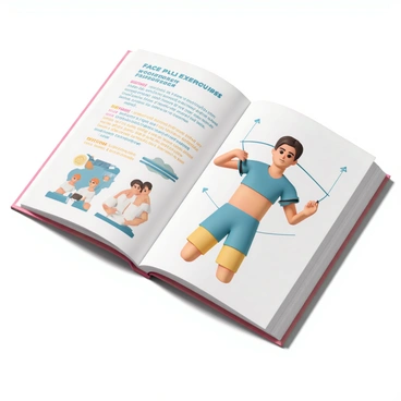 A fitness guidebook, resting on a wooden table, is open to a page that prominently features "face pull exercises." The page displays detailed illustrations of a person demonstrating the exercises. The individual is shown with a focused expression, using a resistance band anchored at shoulder height. The exercises are labeled with clear instructions, and arrows indicate the direction of movement. The background includes snippets of additional fitness-related content, such as tips on posture and muscle engagement. Bright colors are used for the illustrations to enhance clarity and engagement.