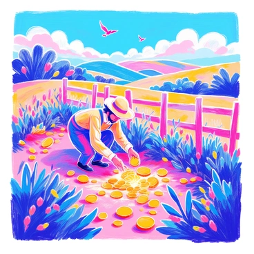 A farmer wearing a wide-brimmed hat and overalls is bending down in a field filled with vibrant green plants. He is carefully gathering shiny, glowing coins from the ground, which emit a soft light. Around him, the sky is a bright blue with fluffy white clouds. The field is bordered by a wooden fence, and in the background, there are rolling hills under the sunshine. A few birds are flying overhead, adding life to the scene.