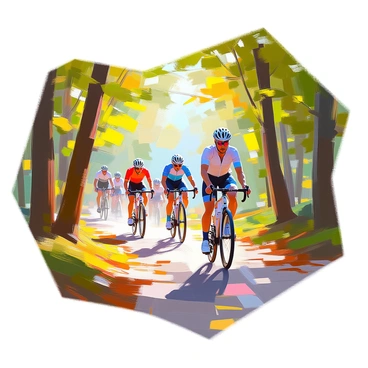A group of cyclists is riding along a winding path that cuts through a dense forest. The cyclists, dressed in colorful jerseys and wearing helmets, are positioned at various points along the path. Lush green trees, with sunlight filtering through the leaves, create a vibrant canopy overhead. The ground is covered in a mix of dirt and fallen leaves, and the cyclists are actively pedaling, their bikes designed for rugged terrain. The scene captures the energy and movement of the cyclists as they navigate the twists and turns of the forest trail.