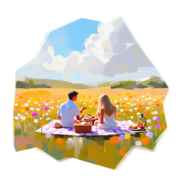A vast field stretches across the landscape, filled with an abundance of blooming wildflowers in various colors, including vibrant yellows, pinks, and purples. In the center of this picturesque scene, a couple is having a picnic on a checkered blanket. The man has short brown hair and is wearing a casual white shirt, while the woman has long flowing blonde hair and is dressed in a light summer dress. A picnic basket is placed beside them, filled with fruits and sandwiches. Above, a clear blue sky is dotted with a few fluffy white clouds, casting soft shadows over the field. The sun bathes the entire scene in warm light, enhancing the colors of the flowers around them.