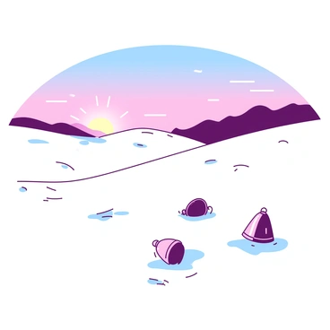 A white field of snow stretches across the landscape, glistening in the early morning light. Scattered throughout the snow are several shiny jingle bells, their surfaces reflecting the soft hues of the first light of sunrise. In the background, gentle hills rise, creating a serene horizon. The sky above transitions from deep blue to soft pink and light orange, creating a warm glow that enhances the shimmering effect of the bells on the snow.