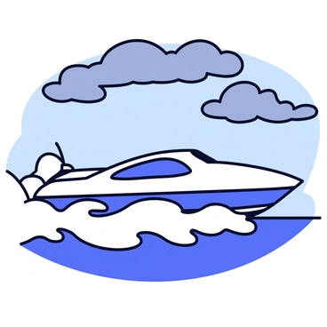 A power boat with a sleek design navigating through tumultuous waves in a stormy sea. The boat is predominantly white with vibrant blue accents along the sides. The waves are high and choppy, crashing against the hull of the boat. Dark storm clouds loom overhead, creating a dramatic contrast with the bright splashes of white foam from the waves. The scene captures the intensity of nature as the boat skillfully maneuvers through the rough waters.