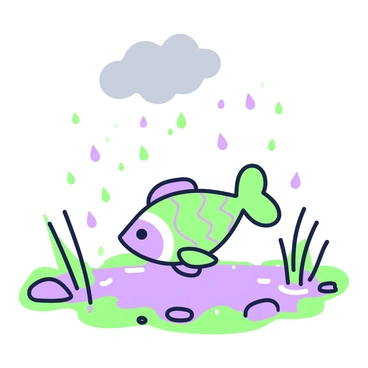 A tiny fish is swimming in a rain puddle. The fish has bright scales that glimmer as it moves through the water. The puddle is surrounded by small pebbles and blades of grass, with droplets of rainwater dancing on the surface. Above the puddle, the gray clouds linger, creating a contrast to the vibrant scene below. The fish appears to be joyfully darting in different directions, leaving tiny ripples in the water.