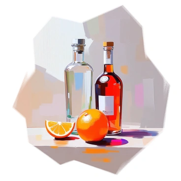 An artistic arrangement featuring three bottles: one filled with gin, one with vermouth, and one with Campari. The gin bottle is tall and slender, with a clear glass revealing the liquid inside. The vermouth bottle is slightly shorter and wider, with a distinct label design. The Campari bottle is vibrant red, standing out in the composition. An orange is placed prominently in front of the bottles, its textured peel reflecting light. The bottles are arranged on a wooden surface, creating a warm and inviting scene.