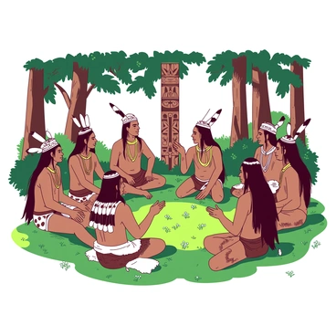 A group of tribal chiefs is seated in a circle, engaged in deep discussion about the "removal act." Each chief is wearing traditional clothing, showcasing various intricate patterns and vibrant colors. Some chiefs are holding ceremonial staffs, while others have their hands gesturing as they speak. The setting is surrounded by tall trees, and the ground is covered in green grass with small wildflowers scattered throughout. Sunlight filters through the leaves, creating dappled shadows on the ground. In the background, there is a wooden totem with tribal carvings, adding cultural significance to the scene.