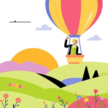 Elaine is seated in a colorful hot air balloon, experiencing a thrilling ride. The balloon features vibrant patterns of red, yellow, and blue. Below her, a picturesque landscape unfolds, dotted with rolling green hills and patches of colorful wildflowers. The sky is painted in soft shades of orange and pink as the sun begins to rise on the horizon. Fluffy clouds are scattered throughout the sky, adding to the serene morning ambiance. Elaine is smiling, enjoying the freedom of the open air and the breathtaking view.