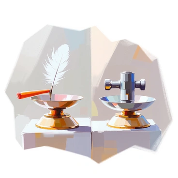 A split image showing a feather on one side and a hammer on the other, each on a scale