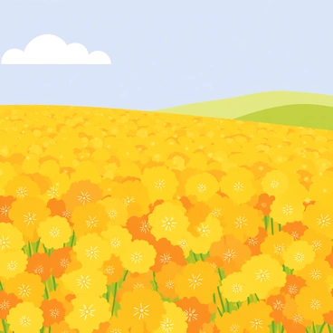 A vast field filled with bright yellow and orange marigolds stretching out toward the horizon. The flowers are densely packed, creating a vibrant carpet of color. Above, a clear blue sky with a few fluffy white clouds is visible. The sunlight casts soft shadows on the flowers, highlighting their textures and shapes. In the distance, the outline of a gentle hill can be seen, enhancing the expanse of the scene.