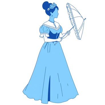 A blue Victorian-era lady's costume is elegantly designed with a lace-trimmed dress that flows gracefully to the ground. The dress features intricate lace patterns along the neckline and sleeves. In the lady's right hand, she holds a delicate white parasol that is open, showcasing its lace detailing. The lady's hair is styled in an elaborate updo, adorned with small flowers, complementing her attire. The overall look captures the sophistication and charm of the Victorian era.