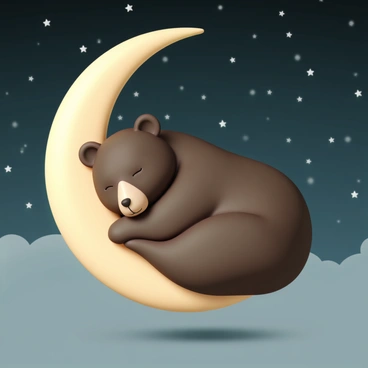A large bear, with a thick brown fur coat, is curled up comfortably on a "crescent moon". The moon is glowing softly against the backdrop of a dark "night sky" filled with tiny, sparkling stars. The bear's eyes are closed, and it has a serene expression, suggesting a deep sleep. The crescent moon is slightly tilted, and its surface shows detailed craters, enhancing the realism. The surrounding sky is a deep blue, gradually fading to black, creating a tranquil atmosphere.