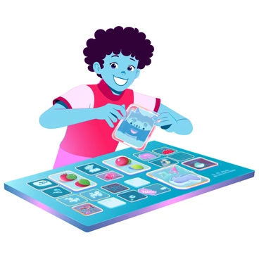 A young child with curly brown hair and a bright smile is focused on a colorful memory game spread out on a table. The game features vibrant cards with various playful illustrations, including animals, fruits, and shapes. The child is flipping over a card, revealing a cheerful cartoon cat underneath. There are several other cards already turned over, showing different images nearby. The setting is well-lit, enhancing the bright colors of the cards, creating an energetic atmosphere as the child eagerly tries to find matching pairs.