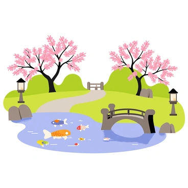 A tranquil Japanese garden featuring a koi pond surrounded by lush greenery. The koi pond is filled with colorful koi fish swimming gracefully. Stone lanterns are positioned along the pond's edge, casting gentle shadows on the water. Cherry blossom trees with pink flowers are in bloom, adding vibrant colors to the serene atmosphere. A small stone path winds through the garden, leading to a traditional wooden bridge over the pond. The scene is peaceful, evoking a sense of calm and harmony.