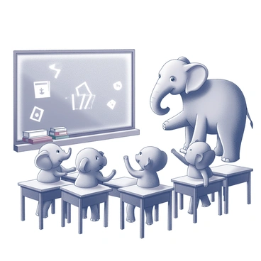 An elephant standing at the front of a classroom, engaging with a group of young elephants seated at desks. The elephant has large ears and a gentle expression, and it is gesturing with its trunk to illustrate a point. The young elephants are attentive, with some raising their trunks in eager participation. The classroom is filled with various objects, such as books and learning materials. There are chalk drawings on a blackboard, depicting simple shapes and numbers, enhancing the educational atmosphere. The overall scene conveys a sense of joy and enthusiasm for learning.