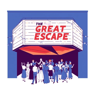 A white old-fashioned cinema marquee is brightly lit against the night sky. The marquee displays the classic film title "The Great Escape" in vibrant red letters. Surrounding the marquee, strings of warm white fairy lights twinkle, illuminating the entrance of the cinema. Beneath the marquee, a small crowd of people dressed in vintage clothing is gathered, eagerly pointing at the title and chatting excitedly about the film.