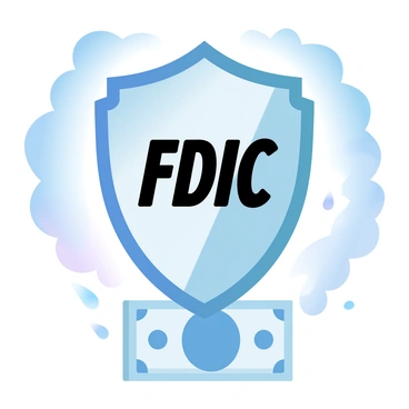 An FDIC shield symbol is positioned prominently in the center of the image. The shield is designed with distinct features that represent security and protection. Surrounding the shield is a chaotic storm, with dark clouds swirling ominously and rain pouring down. Below the shield, there is a stack of dollar bills arranged neatly, glistening under the shield's protective coverage. The contrast between the storm and the shield emphasizes the sense of safety that the FDIC symbol provides to the dollar bills beneath it.