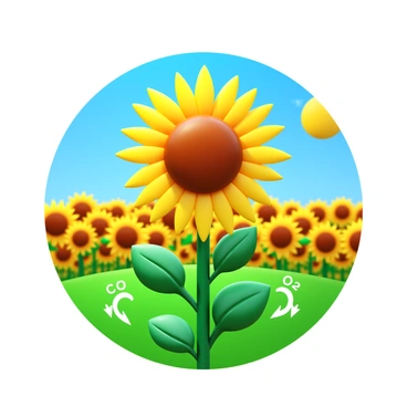 A bright sunflower with vibrant yellow petals and a dark brown center standing tall in a green field. The sunflower is surrounded by lush green leaves, and the sun is shining brightly in a clear blue sky. At the base of the sunflower, there are small, detailed arrows indicating the process of gas exchange, with "CO2" entering the leaves and "O2" being released into the air. The field is filled with other sunflowers, enhancing the sense of a sunny day.