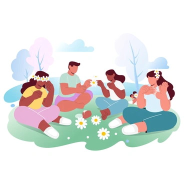 A group of children is sitting in a grassy field, each engaged in making flower crowns from fresh daisies. The children are gathering the daisies and weaving them together, their fingers delicately crafting the crowns. Some children are wearing the finished crowns, showcasing their creations with a sense of pride. The crowns are vibrant with the bright white petals and yellow centers of the daisies. In the background, a few trees can be seen, and the sky is painted in soft gradient pastel colors, creating a cheerful atmosphere.