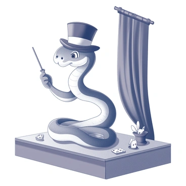 A cartoon snake coiled on a small wooden stage. The snake is wearing a tall black top hat with a white satin band. In one of its coils, the snake is holding a magic wand, poised as if about to perform a trick. The stage is set with a black velvet curtain in the background. Next to the snake, there is a small table with a few props, including a deck of cards and a rabbit hiding in a hat. The snake has a playful expression, with its tongue flicking out, conveying excitement about the performance.