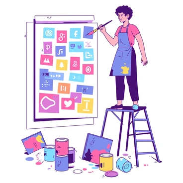 An artist stands on a scaffold, painting a large mural on a wall. The mural is filled with various social media icons, each depicted in a unique color. The artist is using a brush to apply detailed strokes, capturing the essence of each icon. Surrounding the artist are vibrant paint cans in different colors, some open and some tipped over. The scene conveys a sense of creativity and engagement with modern communication. The artist wears a paint-splattered apron and a focused expression.