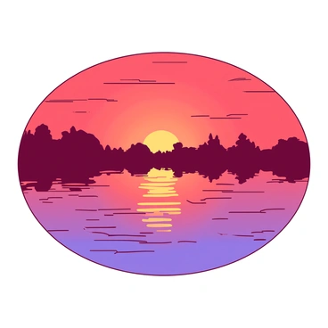 A vibrant sunset with shades of red and orange is reflecting on a calm body of water. The sun is partially submerged, casting a warm glow across the surface of the water. Ripples distort the reflection slightly, creating a harmonious blend of colors. Silhouetted against the sunset, a distant line of trees frames the scene. The atmosphere is filled with a sense of tranquility, with the sky transitioning from bright hues to deeper tones as night approaches.