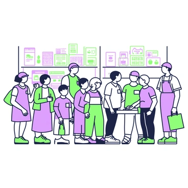 A busy food bank scene at the end of the month is filled with numerous clients waiting in line. In the foreground, a diverse group of individuals, including families and elderly people, are gathered, some with shopping bags in hand. They are dressed in casual clothing, showing various expressions of anticipation. In the background, shelves are lined with boxes of canned goods, rice, and pasta, organized neatly. Several volunteers with name tags are actively assisting clients, handing out groceries and offering information. There is a table set up with flyers and information about resources available to the clients. The atmosphere is bustling with activity, as more clients continue to arrive, creating a sense of community and support.