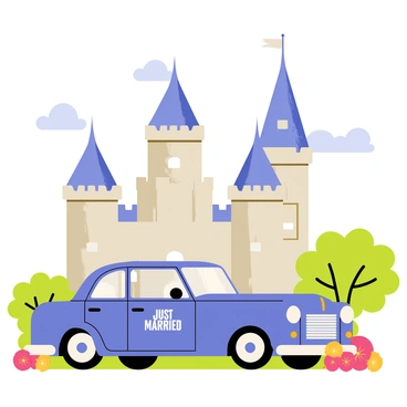 A vintage car decorated with "Just Married" signs on the back is parked in front of a grand historical castle. The castle features tall towers and elegant turrets, showcasing intricate stonework. Lush greenery surrounds the car, with vibrant flowers blooming at the base of the castle. A clear blue sky is visible above, adding to the festive atmosphere of the scene.