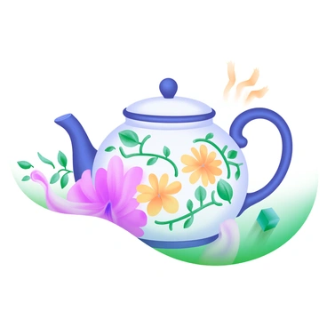 A ceramic teapot featuring intricate floral designs painted in soft colors. The teapot has a rounded body with a gracefully curved spout and a matching lid adorned with a small handle. Around the teapot, delicate flowers in shades of pink, yellow, and green are intricately detailed. The background displays subtle hints of leaves and vines complementing the floral patterns on the teapot. The overall composition emphasizes the artistry and craftsmanship of the teapot while highlighting its vibrant colors and delicate features.