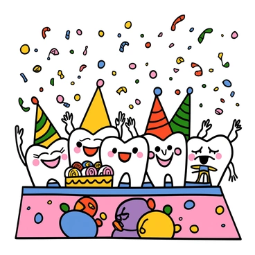 A colorful party scene featuring cheerful animated tooth characters celebrating. Each tooth character has a unique expression, some smiling widely and others with cheeky grins. They are wearing colorful party hats of various shapes and sizes. Bright confetti is falling around them, creating a festive atmosphere. The background includes a vibrant table filled with party snacks and balloons, adding to the lively celebration.