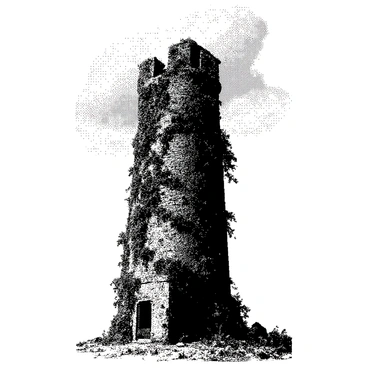 A tall, crumbling tower stands against the sky, its stone walls weathered and cracked. Vines wrap around the tower, climbing its surface and spilling over the edges. Wispy clouds envelop the upper portion of the tower, obscuring its peak and creating an air of mystery. The surrounding ground is littered with broken stones and remnants of what once was, hinting at the tower's long-lost grandeur.