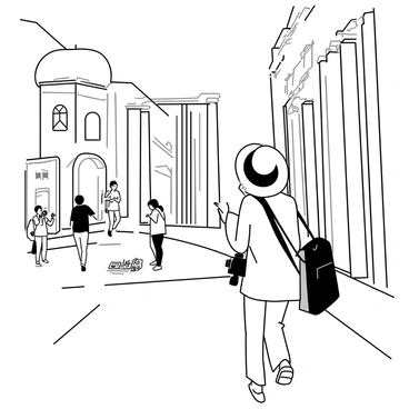 A tourist walking down a narrow cobblestone street in an ancient city. The buildings are tall and adorned with intricate architectural details, showcasing arches and stone carvings. The tourist, wearing a wide-brimmed hat and carrying a camera, stops to admire a large historical monument with classical columns. In the background, there are other tourists taking pictures and exploring the surroundings, while some local vendors display their crafts along the street.